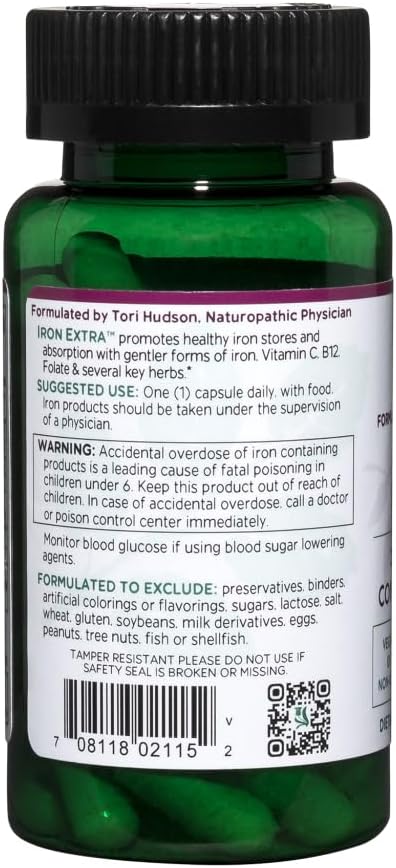 Vitanica Iron Extra, Iron Supplement Enhanced Absorption with Vitamin C 500mg, Methylfolate 400mcg, B12 Vitamin 500mcg, Calcium, Yellow Dock, Dandelion Root & Nettle Leaf Extract, Vegan, 60 Capsules