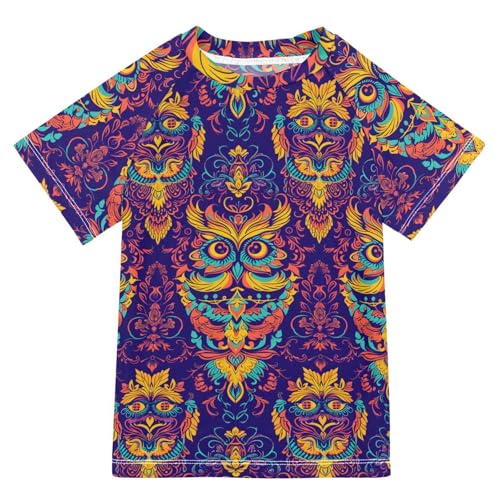 Boys Rash Guard Short Sleeve Swim Shirts for Boys Decorative Owl Design Sun Protection 7-8T
