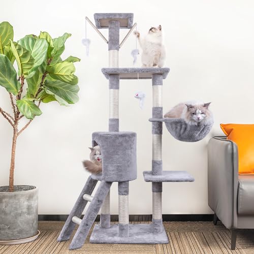 HOMIDEC Cat Tree, 145cm Multi-Level Cat Climbing Tower with Ladder, Indoor Pet Activity Furniture Play House for Kitty Kitten, Grey - Image 3