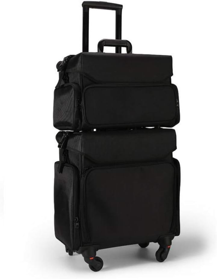 DPPAN 2-in-1 Extra Large Professional Rolling Makeup Cosmetic Train Case, Nylon Trolley Case with 4 Wheel, Rolling Trolley for Travel Organizer,Black