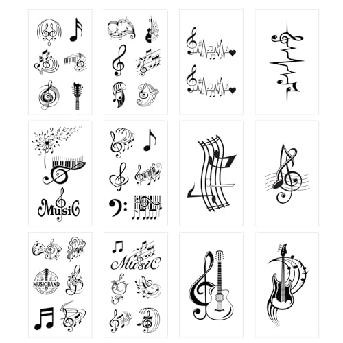 40 Pieces Black Music Temporary Tattoos,12 Sheets Guitar Words Symbols Fake Waterproof Stickers for Women Men Girls Lower Back Shoulder Neck Arm Body Art