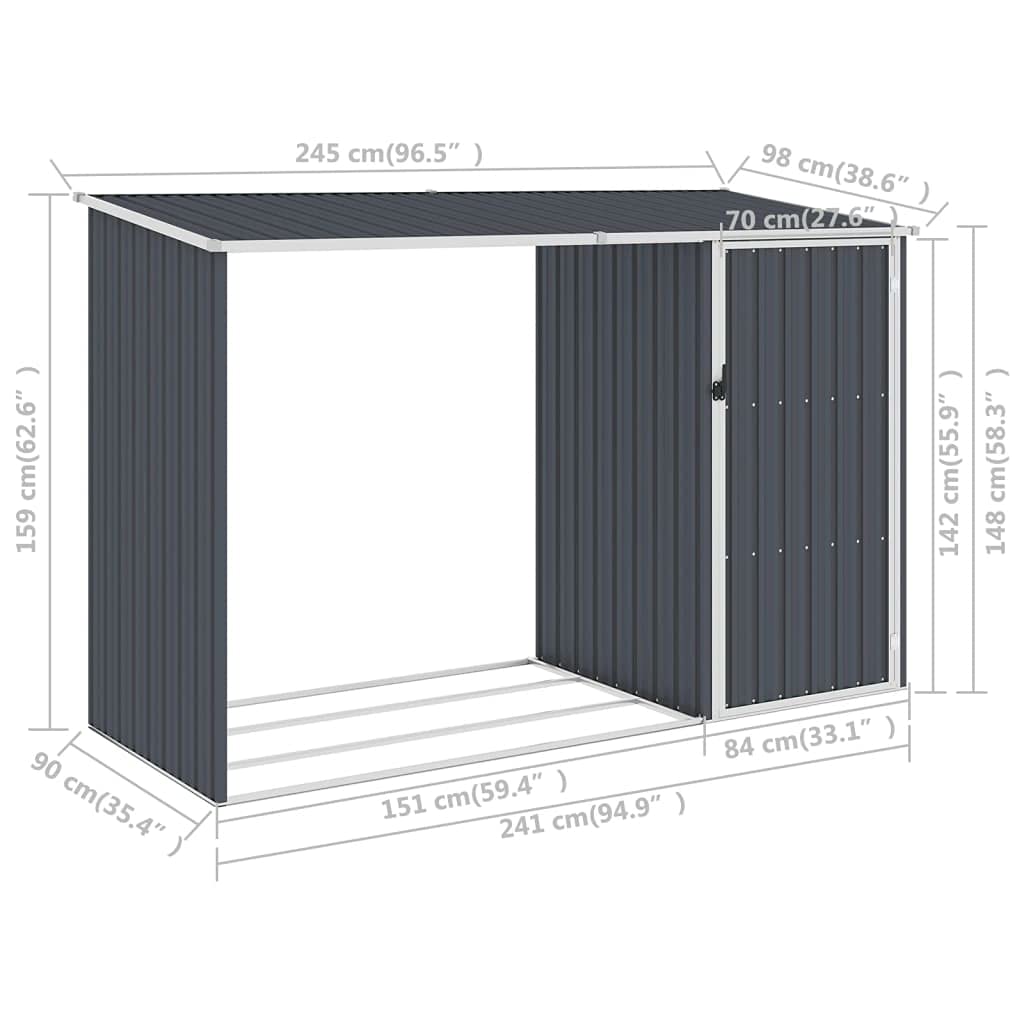 KOIECETA Garten Brennholzlager Kaminholzunterstand Brennholzregal Unterstand Gerätehaus Gartenhaus Schuppen Anthrazit 245x98x159cm Verzinkter Stahl