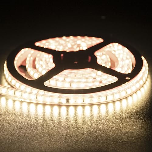 Image of White LED Strip Light Waterproof LED Light Strip AC 110-130V 5 Meter LED Tape Light 16.4 Foot 120 LEDs /M Flexible Adhesive Strip Lighting 4000K for Under Cabinet Outdoor Indoor