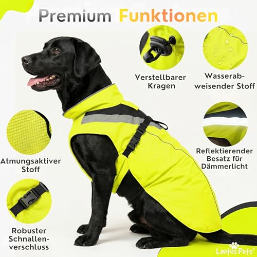 Wasserdichter Hunderegenmantel, reflektierenden Sicherheitsstreifen & Leinenöffnung – Leichte, Jacke für mittelgroße Hunde von Lautus Pets - XL, Gelb
