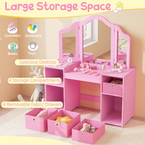 Image of Costzon Kids Vanity, 2 in 1 Princess Makeup Desk & Chair Set with Tri-Folding Mirror, 4 Storage Bins, Wooden Toddler Vanity Dressing Table, Vanity Set for Little Girls (Pink)