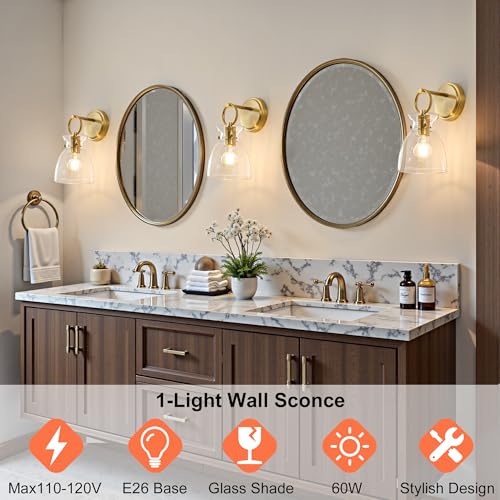 Image of Gold Wall Sconce 1-Light Farmhouse Vanity Light Fixtures | Hardwired Wall Mount, Modern Wall Lights 6'' Clear Glass Shade for Bathroom, Bedroom, Living Room, Mirror, Kitchen