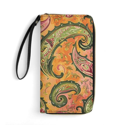 Womens Leather Wallets Yellow Tone Pattern Wallet for Women Large Capacity Card Phone Holder Ladies Purse with Wriststrap