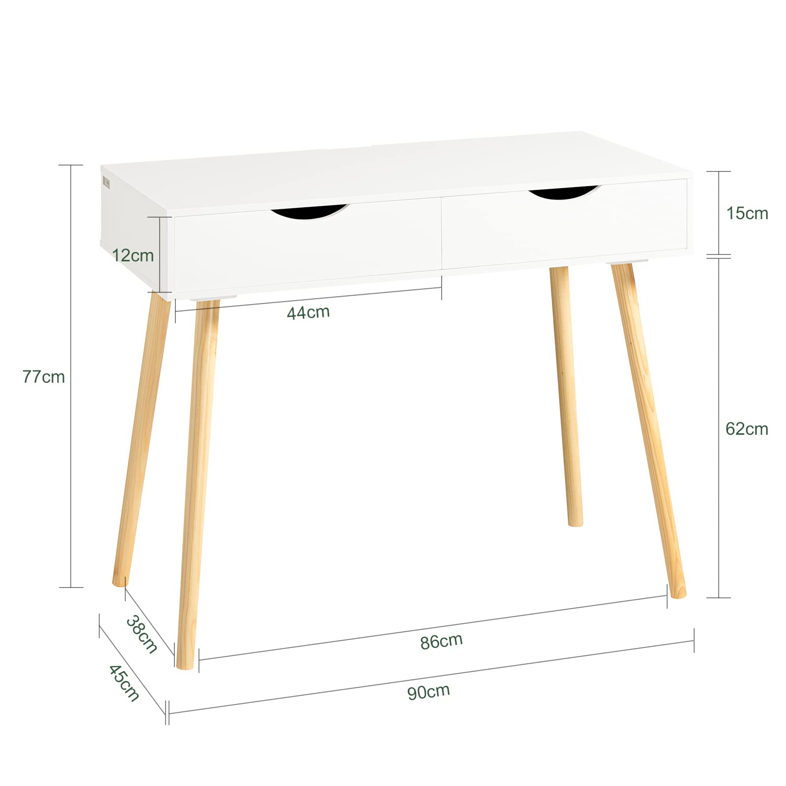 SoBuy Scrivania con 2 cassetti, Gambe in Legno di Pino, Scrivania Ufficio Compatta, Tavolo da Lavoro per Studio Cameretta e Camera da Letto, L90*P45*A77cm, FWT40-WN