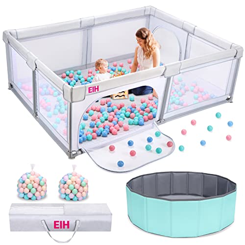 Image of EIH 79 Inch x 59 Inch Large Baby Playpen with Ocean Ball Pit & 100PCS Balls Play Yard for Babies and Toddlers Indoor and Outdoor Kids Activity Center, Light Grey