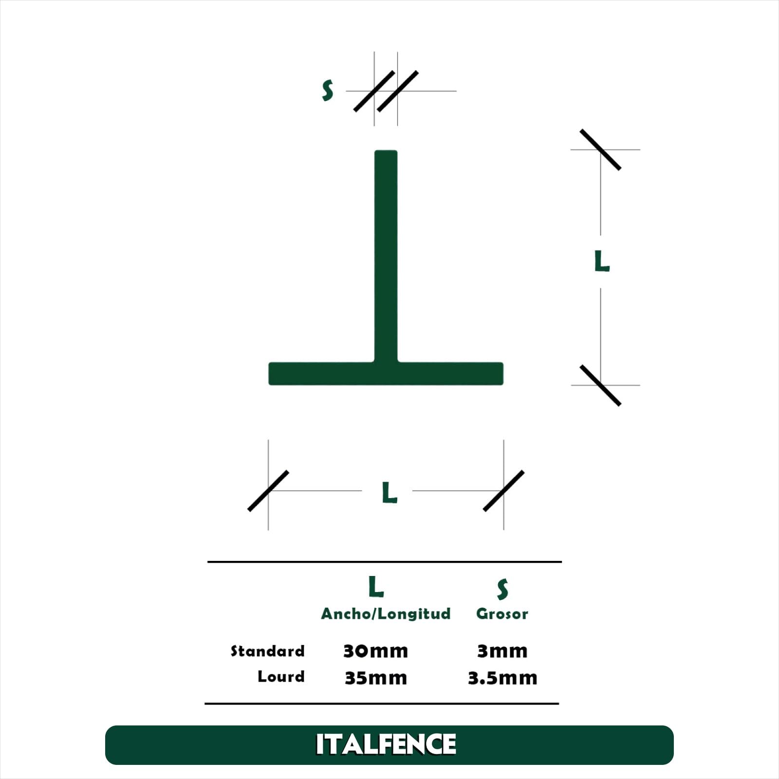 Set de 10 postes T en hierro plastificado verde [H175cm, 30x30x3mm]