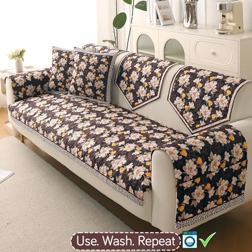 Image of HOKIPO 'Florentina Series' Foam Filled Premium Holland Velvet Sofa Cover Mat for 3 Seater Sofa with Anti-Slip Backing, Camellia Brown (IN-881-V2)