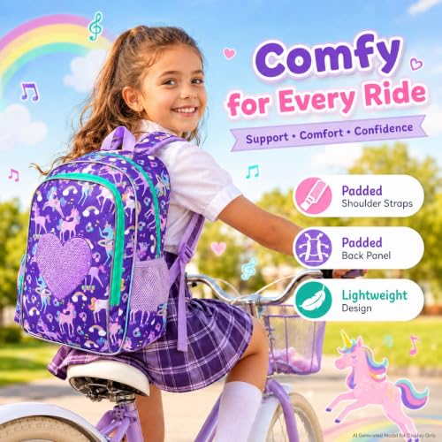 Image of 3Pcs Unicorn Backpack for Girls, 16 inch Sequin Kids Bookbag with Lunch Box，School Backpacks for Elementary Preschool Kindergarten (Purple)