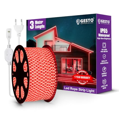 Image of Gesto 3 Meter Rope LED Strip Lights | 120 LED /Mtr Waterproof Outdoor Lights for Balcony, Home Decor, Cove Light for False Ceiling | Flexible, Cuttable Strip Light for Diwali Decoration - Red