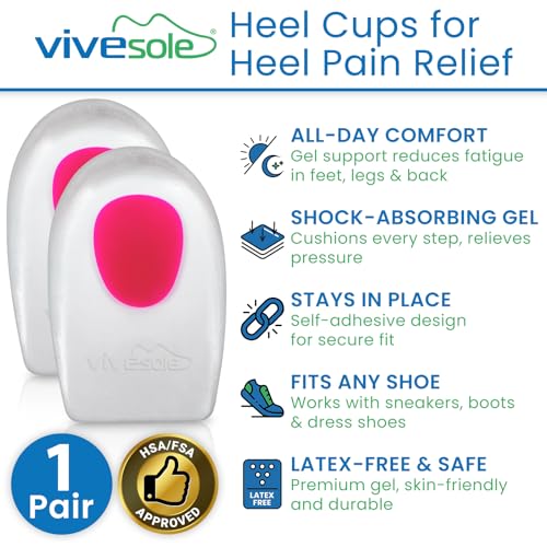 Image of ViveSole Gel Heel Cups (Pair) - Silicone Cushion Insert Pads for Pain | Relief, Plantar Fasciitis, Heel Spurs, Shoes, Achilles Treatment - Foot Comfort Support Protectors for Women, Men (Pink