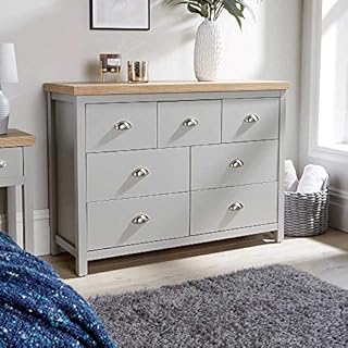 Home Source Oak Wide Chest of Drawers Storage Metal Cup Handles Avon Two Tone, MDF, Grey, 7