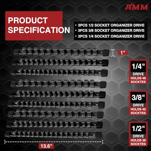 Image of AMM 9-Piece Socket Organizer, 1 /2 inch, 3 /8 inch and 1 /4 inch Drive ABS Tools-Black Socket Holder,Heavy Duty Socket Racks, Premium Quality Socket Clip Rail Holder,The best tool trays in the garage