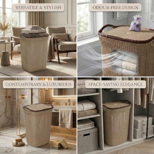 Image of Plastic Laundry Basket with Lid | 60L Extra Large Knit Hamper | Strong & Durable | Ideal for Bathroom, Bedroom & Kids Room | Multipurpose Cloth Storage Organiser | 36 x 46 x 61 cm | Plaza