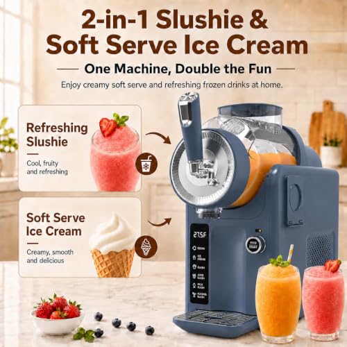 Image of SYINTAO Slushie Machine No Ice Needed, 2-in-1 Frozen Drink & Soft Serve Ice Cream Maker, Self-Chilling Slushy Maker with 5 Presets, LED Display & Auto Clean for Home & Party (Blue&Gray)
