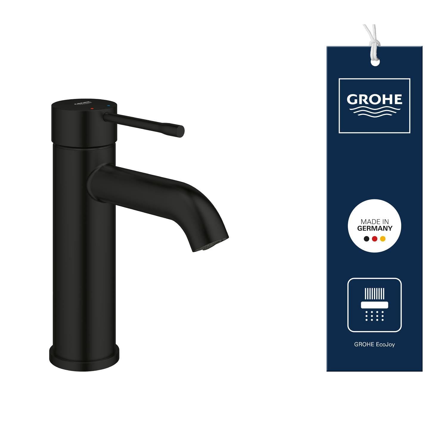 GROHE Essence Mitigeur de Lavabo Corps Lisse, Taille S (208 mm, Levier Métal, Cartouche Céramique 28 mm, Économie d’Eau, Flexibles 3/8"), Noir Mat, 235902431
