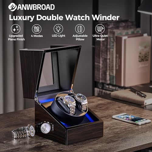 Image of ANWBROAD Watch Winder for Automatic Watches Double with Super Quiet Motor Flexible Watch Pillows LED Backlight Wooden 5 Modes Battery or Type-C Adapter