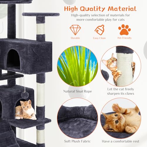 Image of Sweetcrispy 54 Inch Cat Tree Tower, Multi-Level with Cat Scratching Post, Indoor Cat Condo with Climbing Ladder, Plush Toy, Play House for Cat, Dove Grey