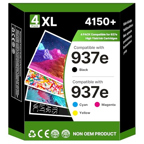 937 Druckerpatronen 937XL Kompatible für HP 937 Druckerpatronen 937e für HP Officejet Pro 9120e Patronen 9730e 9720e 9122e 9130e 9120b 9132e 9125e 9120r (937 XL Schwarz Cyan Magenta Gelb 4er-Pack)