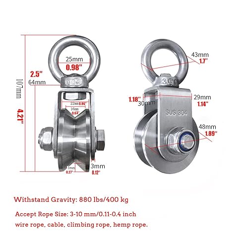 Miniatura 5 de Polea de acero inoxidable para tracción de cuerda, bloque de polea de ranura en V, carga de polea de cable resistente de 880 libras, polea de