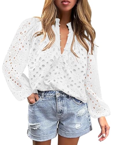 BETTE BOUTIK Women's Long Short Sleeve Tops 2025 Dressy Casual Button Hollow Out Lace Embroidered Blouses Shirts