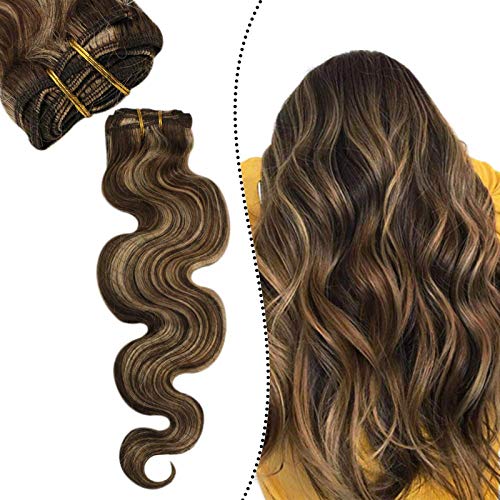 Ugeat Remy Clip in Hair Extensions 24 Inch Human Hair Extensions Clip on 7PCS Clip in Body Wave Human Hair Extensions Double Weft Clip in Hair Extensions Piano Color #4 Mixed with #27