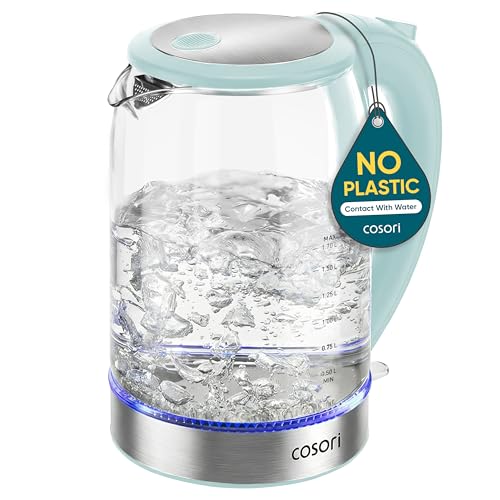 Cosori Electric Kettle, No Plastic Contact With Water, Wide Mouth For Easy Cleaning, Auto Shut Off, 1.7L Tea Kettle & Hot Water Boiler, Water Heater & Teapot, Borosilicate Glass, Green, 1500W