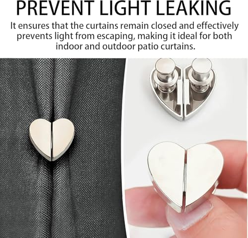 Image of Heart-Shaped Magnetic Curtain Clips, No-Drill Curtain Closure Magnets, Light Gap Blocking Tiebacks for Bedroom, Living Room, Bathroom & Office Drapes (5)