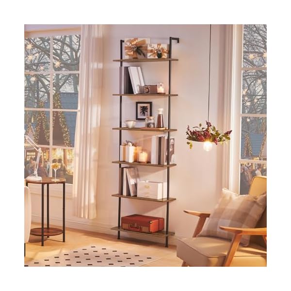 Hoobro diy ladder shelf 6 tier wall mounted bookshelf office vertical bookcase wooden storage shelves for home office bedroom rustic brown and black bf65cj01  urban country home decor