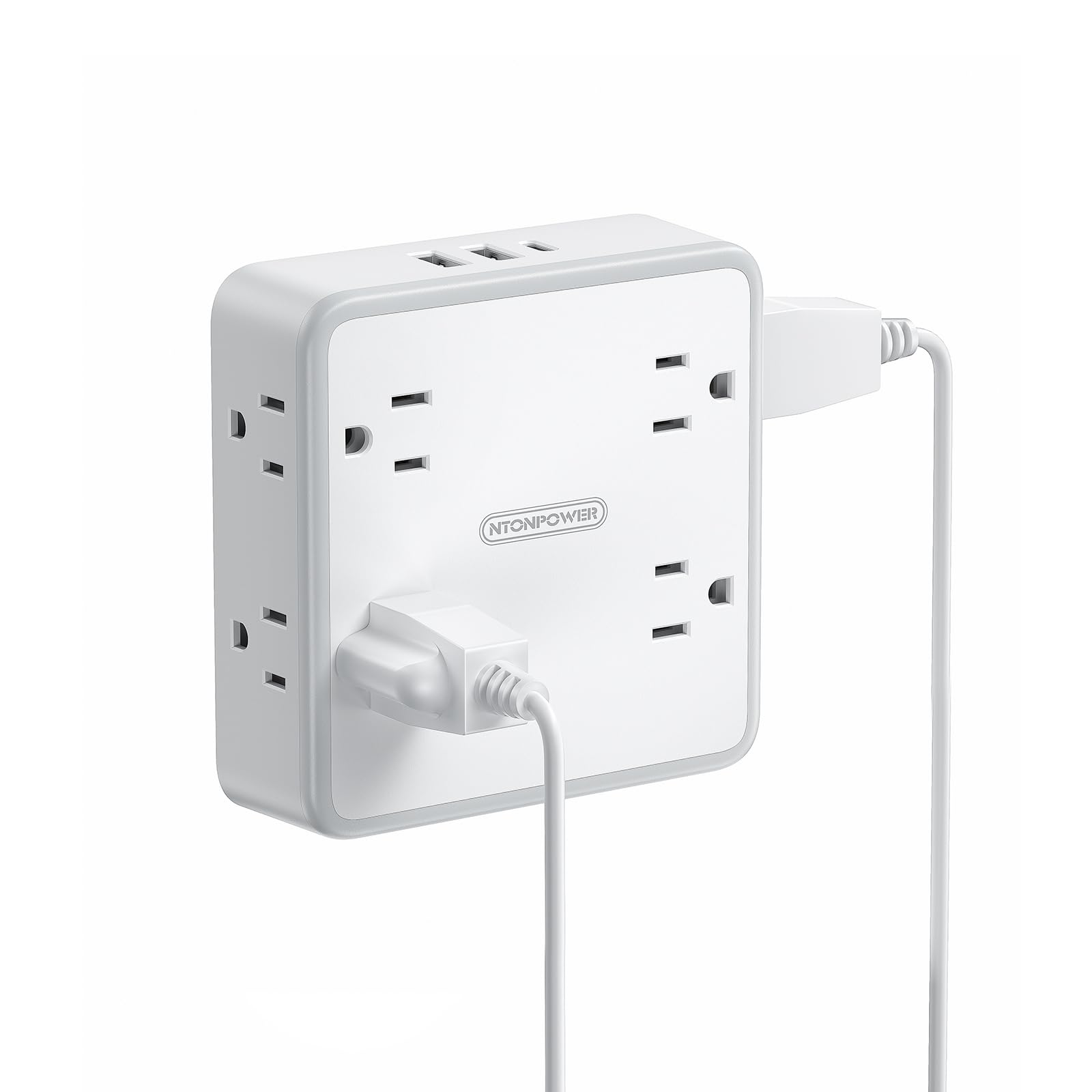 NTONPOWER Multi Plug Wall Outlet with USB Ports(1 USB C), Wall Outlet Extender Surge Protector 1800 Joules, 3 Sided Outlet Splitter Widely Spaced for Home, Dorm Essentials(White)