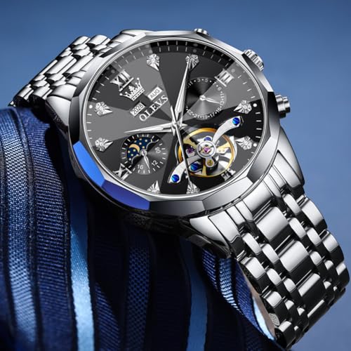 Image of OLEVS Men Automatic Watch Diamond Skeleton Mechanical Luxury Self Winding Moon Phase Calendar Waterproof Wrist Watch for Men