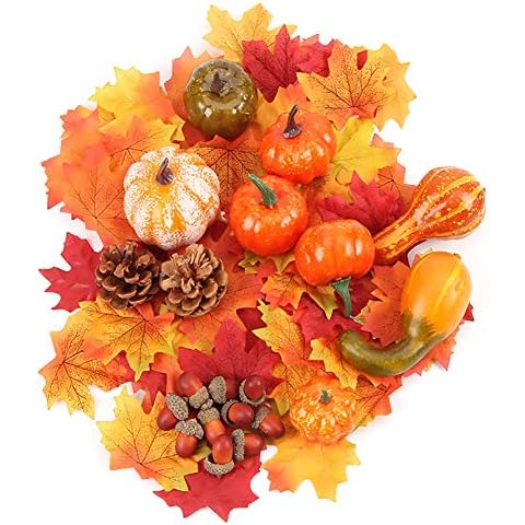 50pcs Artificial Pumpkins Autumn decoration set, Halloween Mini Fake Pumpkins Pine Cones Maple Leaves Acorns Decoration Set, for Fall Thanksgiving, Wedding, Halloween, Christmas Home Decor Cover