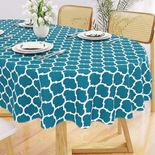 Image of Smiry Oval Table Cloth, Flannel Backed Vinyl Tablecloth, 60 inchx84 inch | Waterproof Plastic Tablecloths, Wipeable Table Cover for Dining, Indoor and Outdoor (Teal)