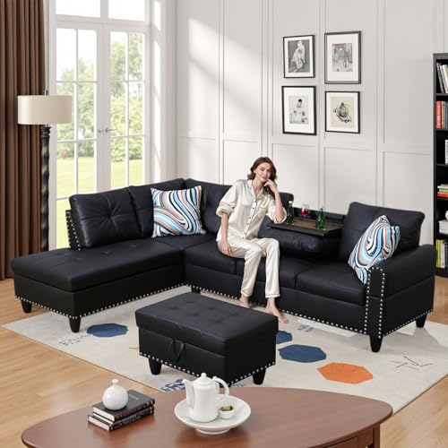 howcool Sectional Sofa Couch, Modern 4-Seaters Living Room Furniture Sets with Chaise Lounge, Ottoman & 2 Pillows | L Shape Couch | Cup Holder | Faux PU Leather, Black