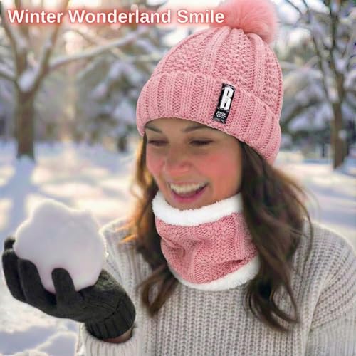 Image of Kraptick Women's Winter Beanie Cap and Scarf Set with Soft Fleece Lining, Thick Cable Knit Woolen Cap for Ladies & Neck Warmer for Extreme Cold Stylish Pom Pom Hat & Scarf Set -7