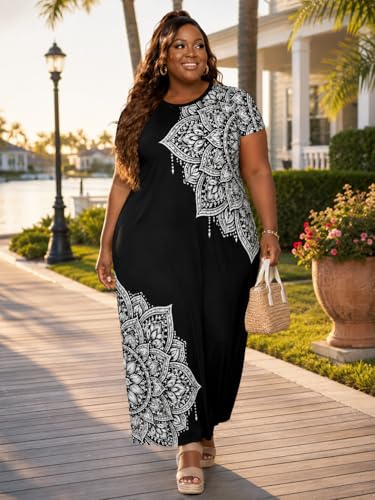 Image of Plus Size Maxi Dress for Women Short Sleeve V Neck Casual Loose Sundress with Pockets