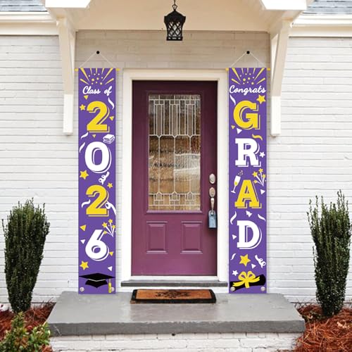 Image of Graduation Porch Banner Class Sign Congrats Grad Hanging Flags High School College University Party Decoration For Front Door Outdoor Purple Gold