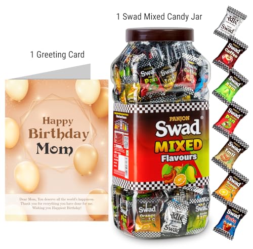 Image of Swad Happy Birthday Mom Mother Gift with Card (Swad Mixed Flavours Candy 200 Jar & 1 Greeting card) 2 units