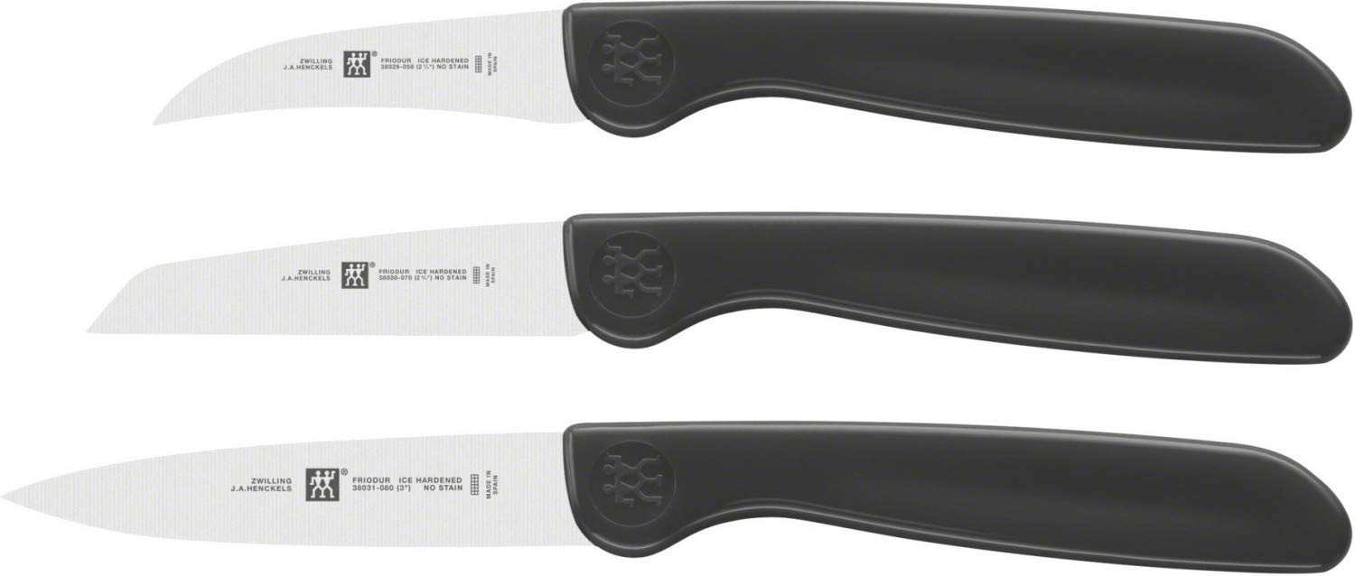 ZWILLING Selbstschärfender Messerblock, 7-tlg, Holzblock, Messer und Schere aus rostfreiem Spezialstahl/Kunststoff-Griff, Gourmet & 38115001 Gemüsemesser-Set, 3 tlg, Kunststoff, schwarz