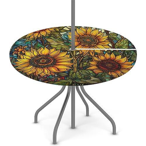 FZDXZJJ Sunflower Round Outdoor Tablecloth with Umbrella Hole and Zipper,Flowers Floral Fitted Tablecloth Elastic Edge Patio Table Cover for Spring Summer Picnic Party 36
