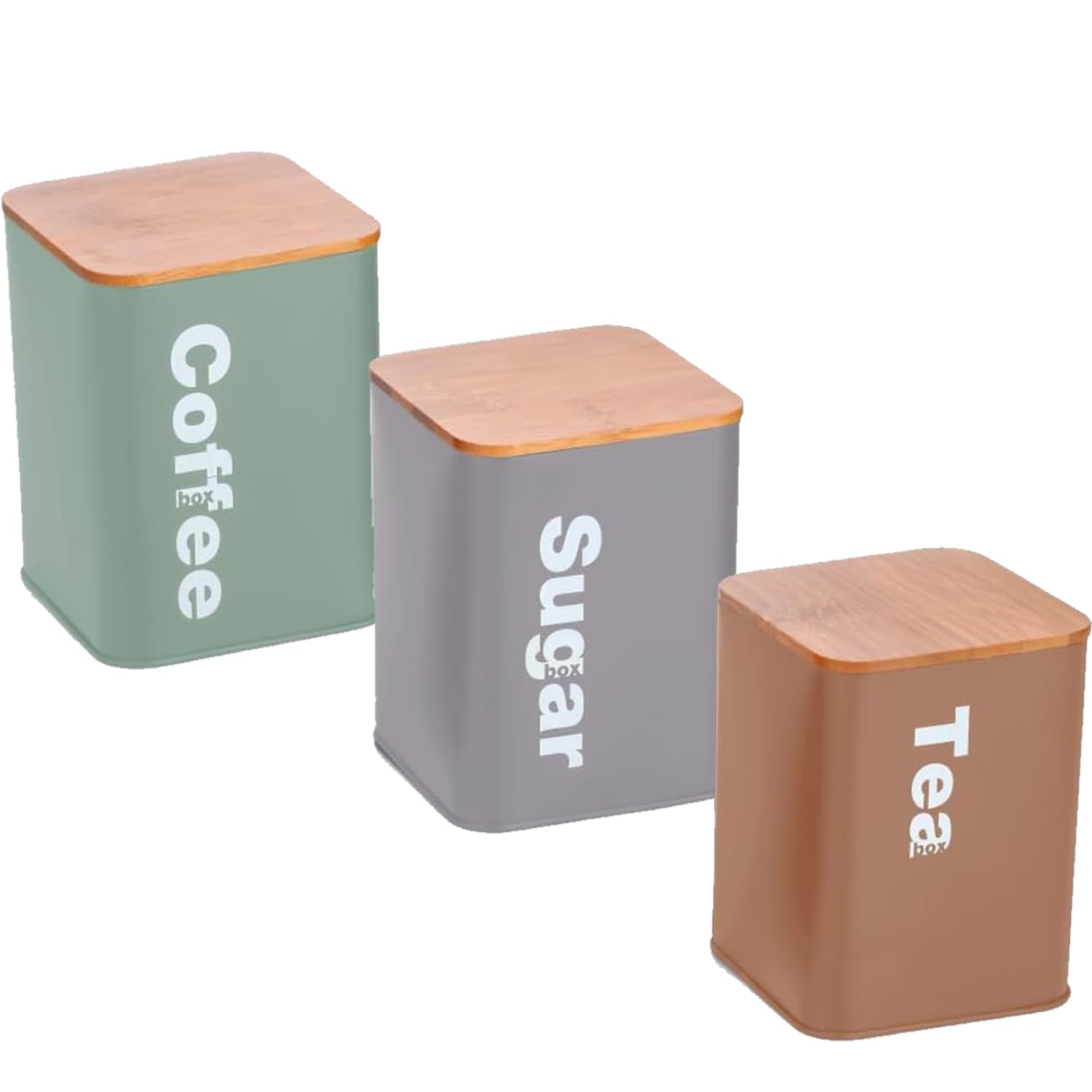 Retro Set of 3 Stainless Steel Tea Coffee Sugar Jar Canisters Kitchen Container Tins Storage Organiser Set With Bamboo Air Tight Lids Vintage Design (Multi Colour)