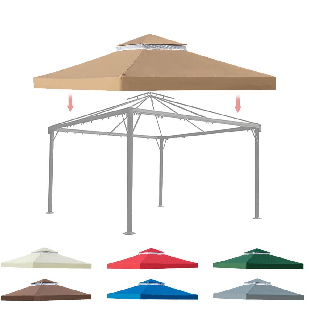 Auvent De Tente De Rechange De 3 X 3 M Avec Grille D'aération, Tissu Polyester Imperméable 300D, 2 Niveaux, Pour Cadre De Véranda D'été, Patio, Jardin, Cour, Kaki