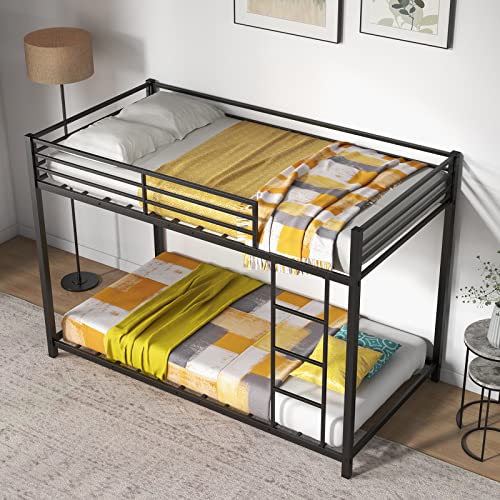 KOMFOTT-Metal-Low-Bunk-Bed-Twin-Over-Twin-Heavy-Duty-Bunk-Bed-Frame-with-Ladder-Full-Length-Guardrails-Metal-Slatted-Floor-Bed-Frame-for-Teens-Adults-No-Box-Spring-Needed-Black