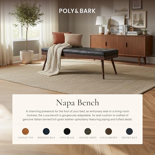Image of Poly & BARK 55 inch Tufted Leather Bed Bench for Bedroom End of Bed - Living Room Entry Way Bench - Pure Italian Leather Upholstery with a Solid Wood Frame - Ottoman Bench with Wooden Legs - Onyx Black