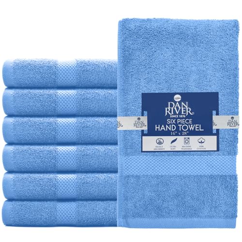 Image of DAN RIVER 6-Pack Premium Hand Towels (16x28 Inches) - 100% Cotton, Ultra Soft, Lightweight, Highly Absorbent Towels for Bathroom, Spa, Gym, Salon, Hotel, and Travel - Medium Blue