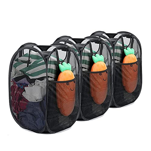 House Again 3 Pcs Strong Mesh Pop-Up Laundry Hamper, Quality Collapsible Laundry Basket With Durable Handles Solid Bottom High Carbon Steel Frame, Easy To Open And Fold Flat For Storage(Black) #TOP28
