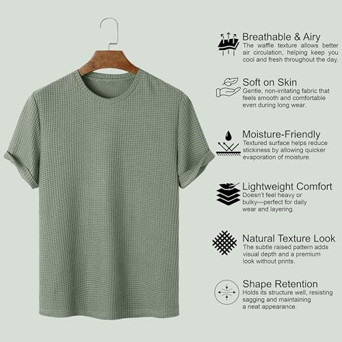 Image of London Hills Men's Waffle Textured T-Shirt | Solid Regular Fit Round Neck Half Sleeve Casual Wear Tee | Soft, Breathable & Lightweight Fabric